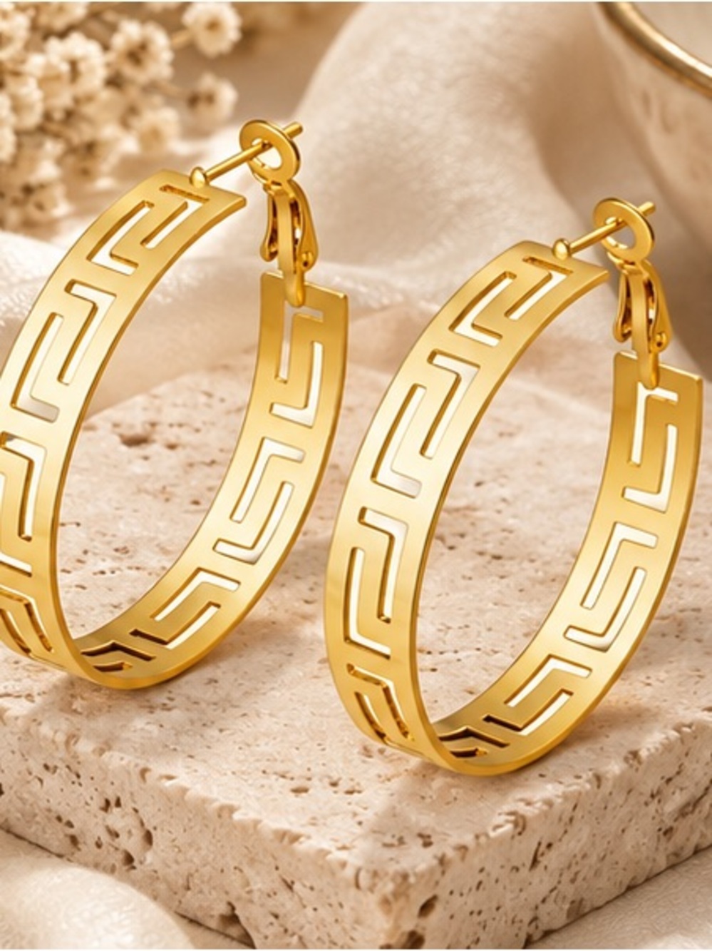 Oversized Gold Greek Key Hoop Earrings | Designer Inspired